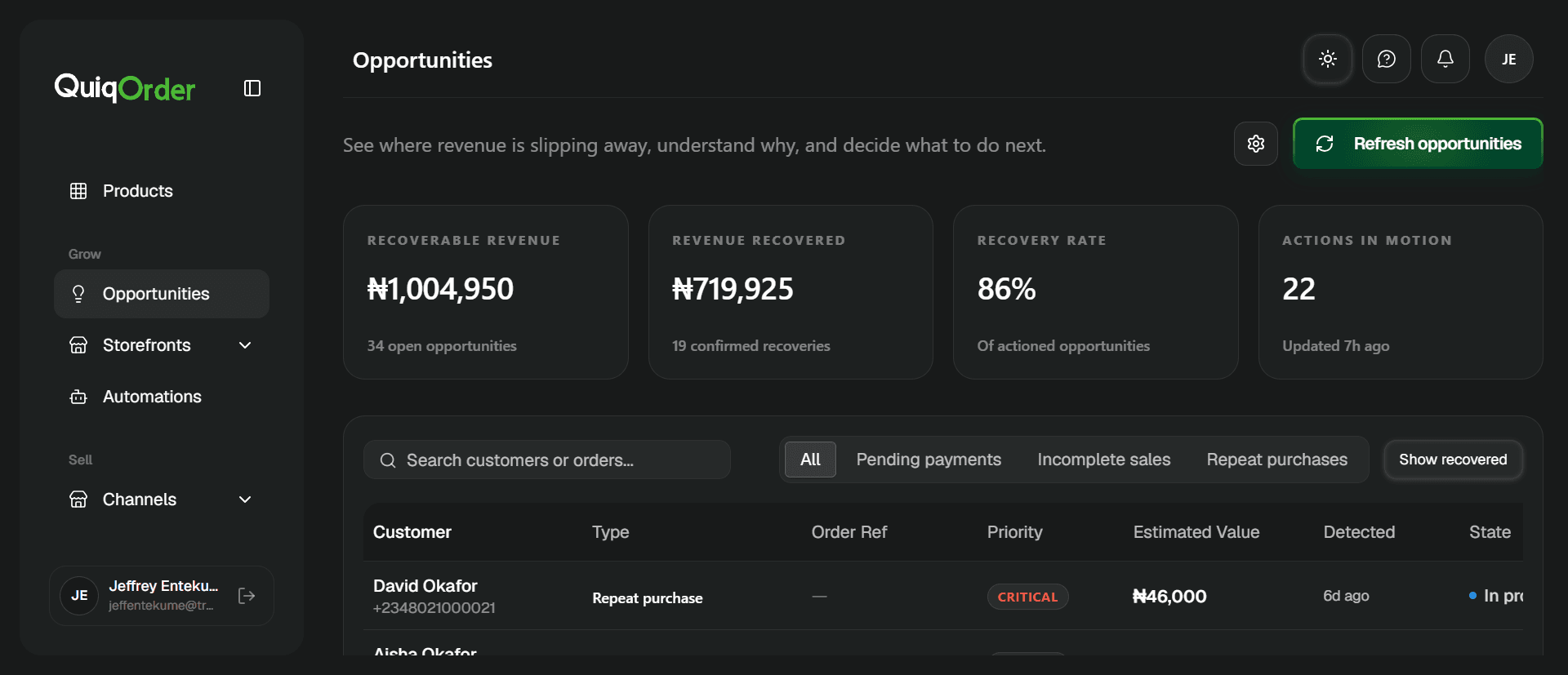 QuiqOrder revenue opportunities workspace