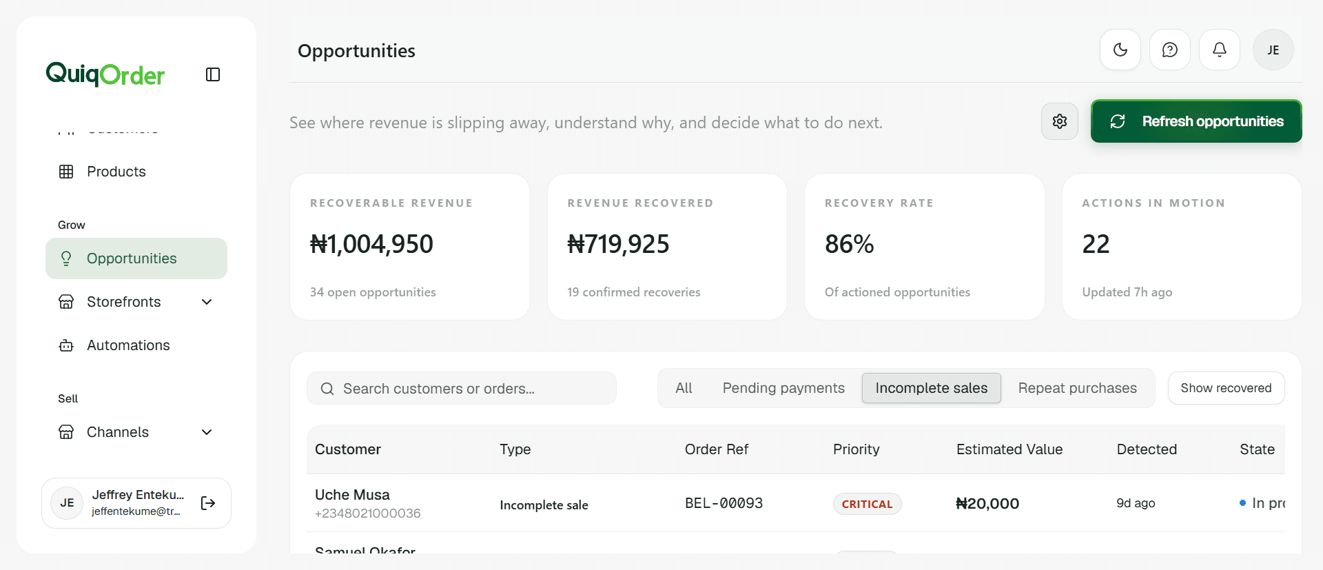 QuiqOrder revenue opportunities workspace