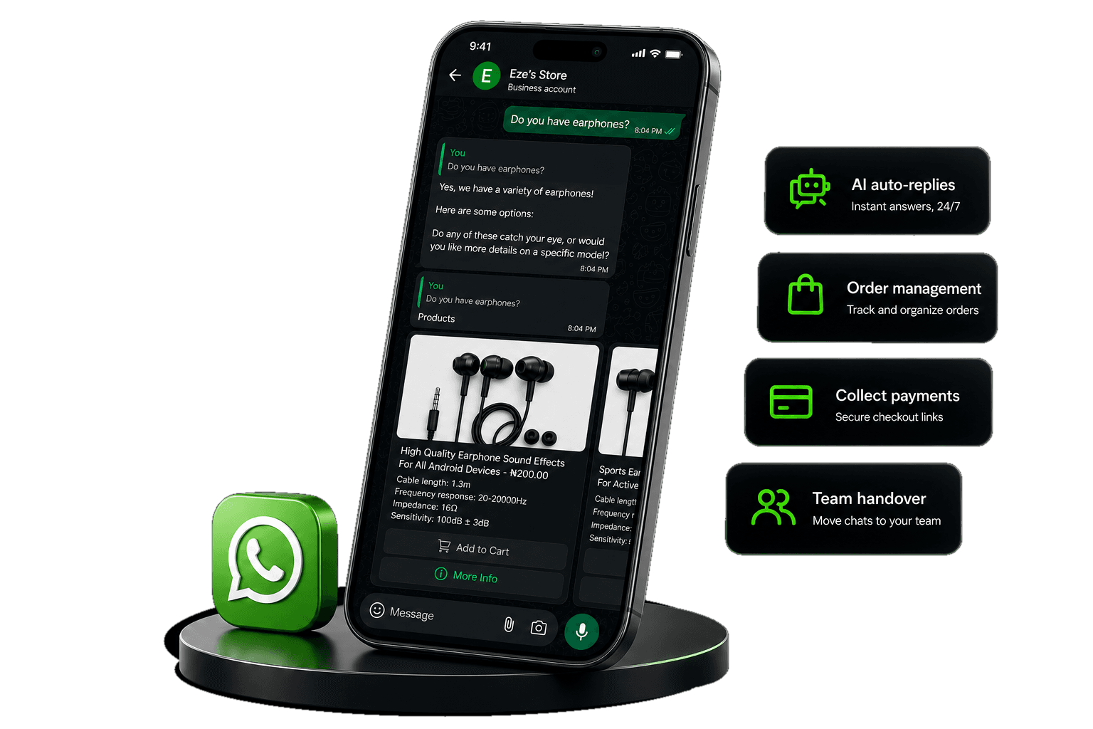 Eze's Store WhatsApp product recommendation and commerce automation mockup