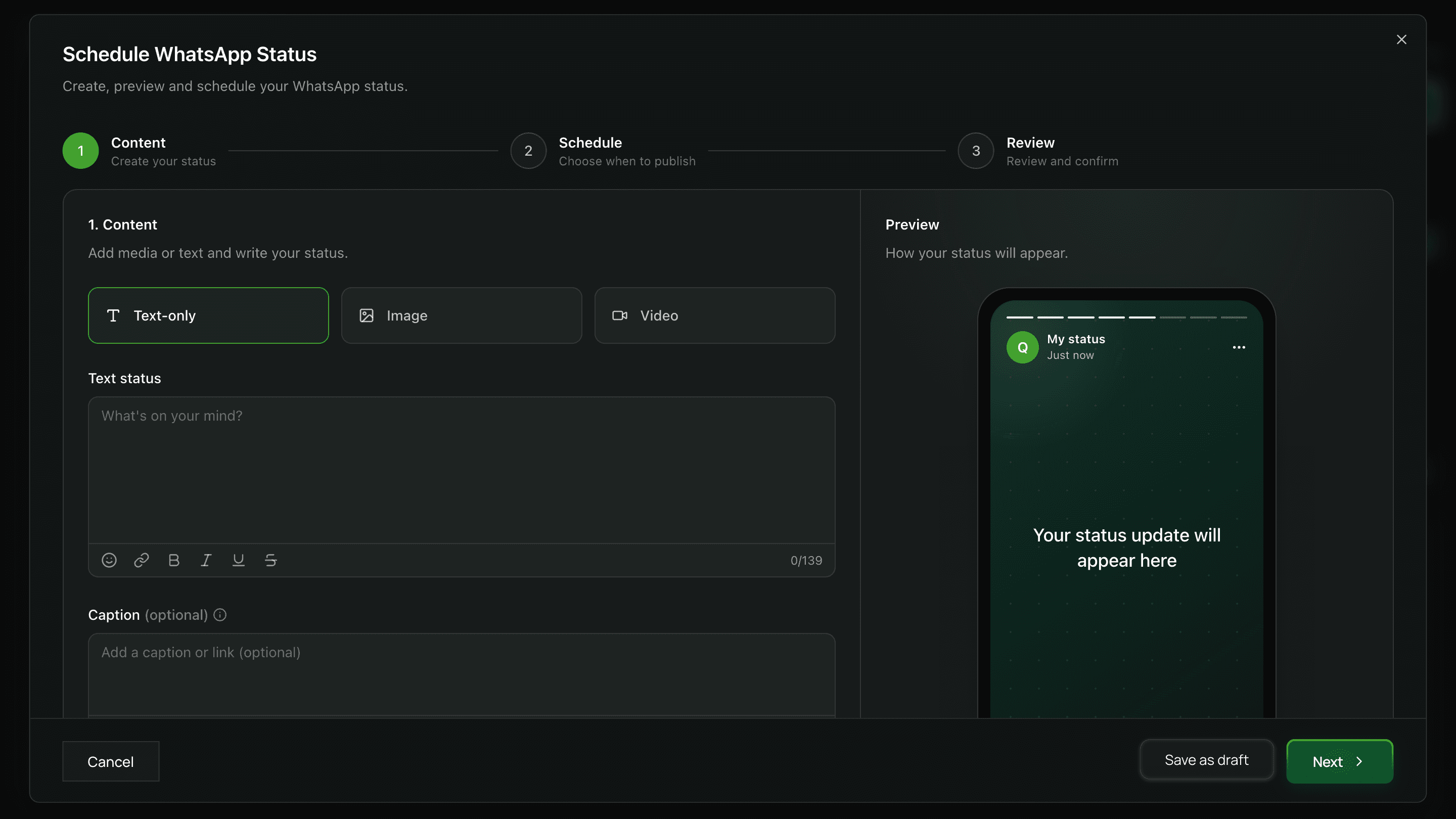 QuiqOrder WhatsApp Status scheduler with content and preview steps.